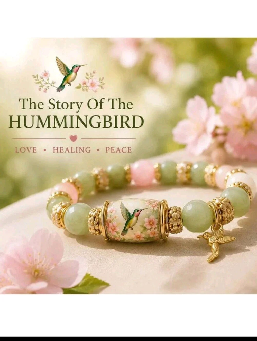 BRAND NEW ** Spring Garden Hummingbird Beaded Bracelet - Green & Pink